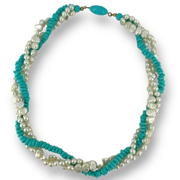 Twisted faux pearl and acrylic turquoise beaded necklace Womens 16" - Picture 5 of 5